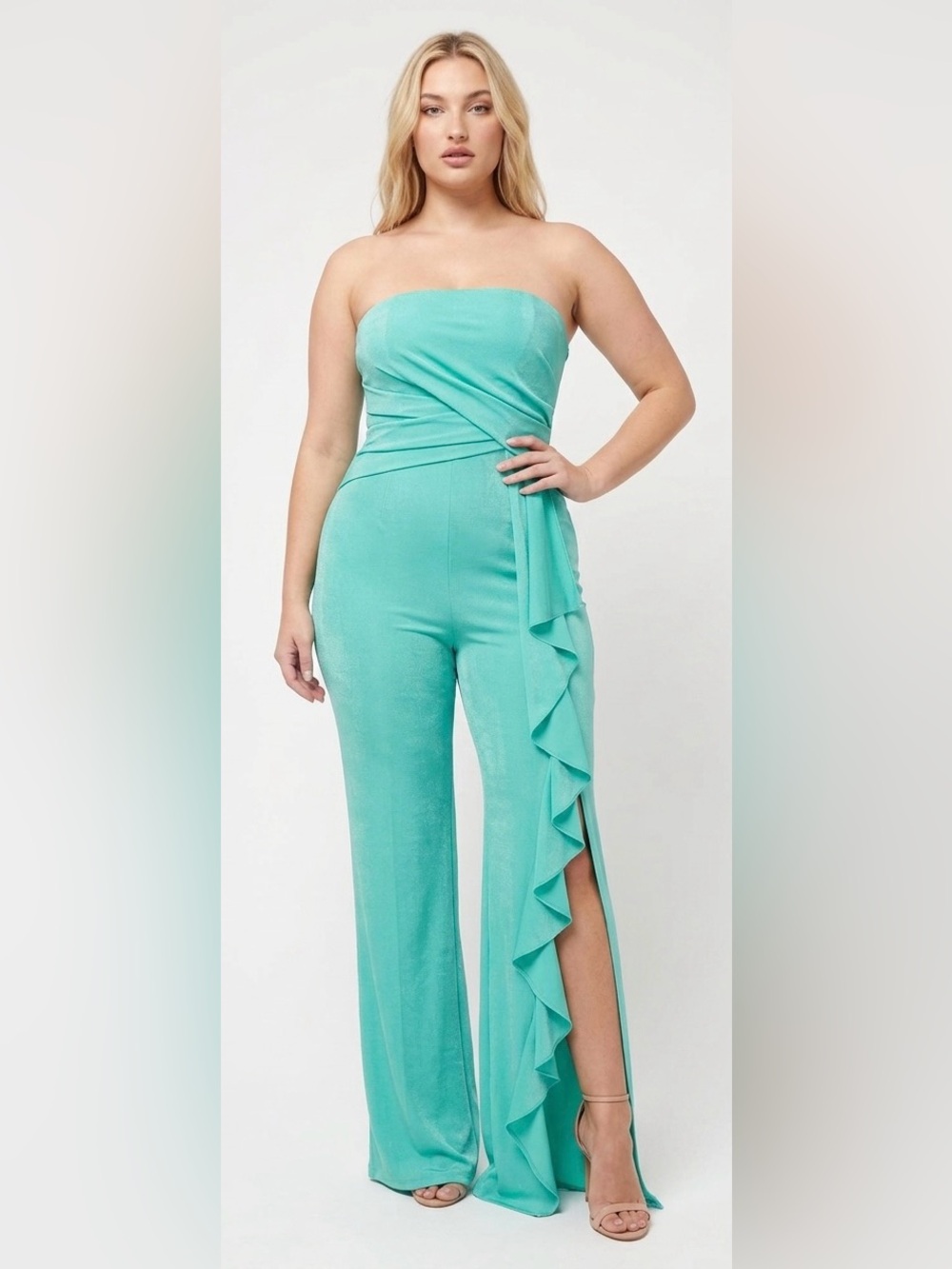 NWT Dress the Population Shawn Jumpsuit Strapless Ruffle Jumpsuit in Aqua XL